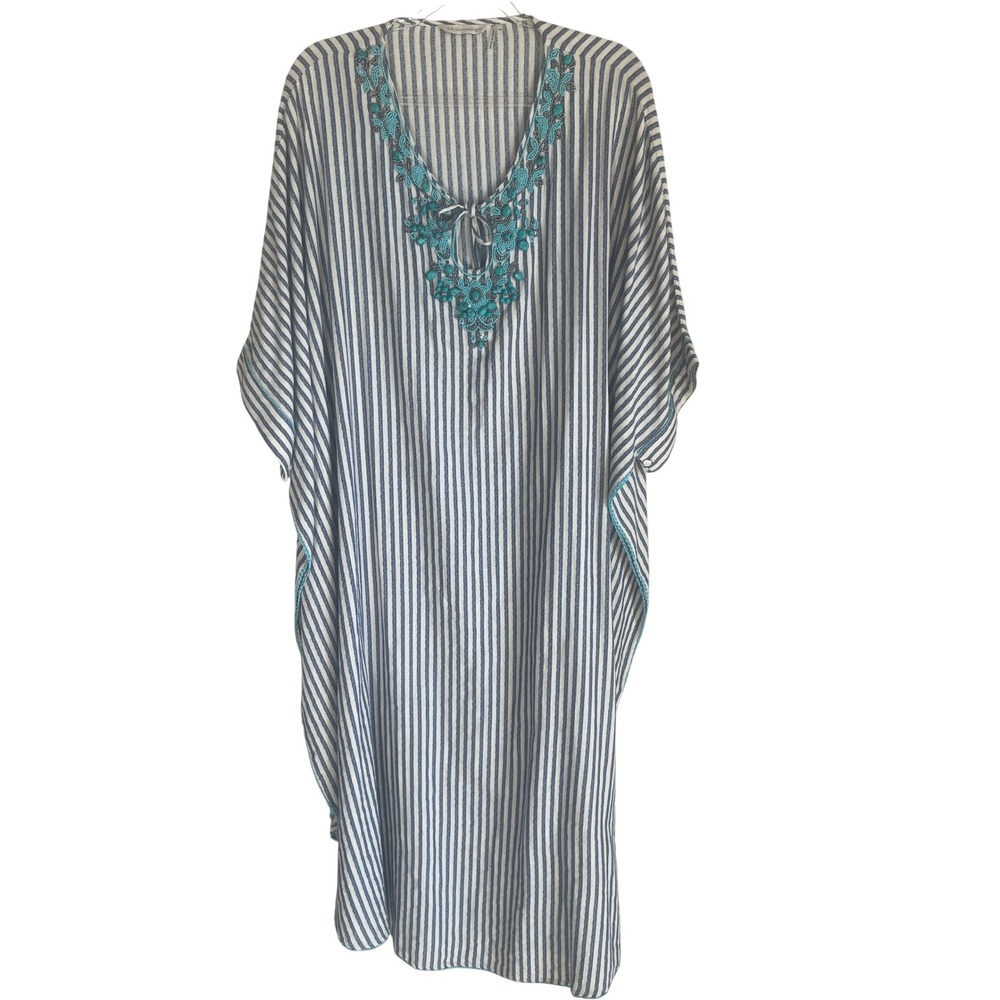 Soft Surroundings Kaftan Dress Womens S/M Blue‎ White Striped Beaded Turquoise